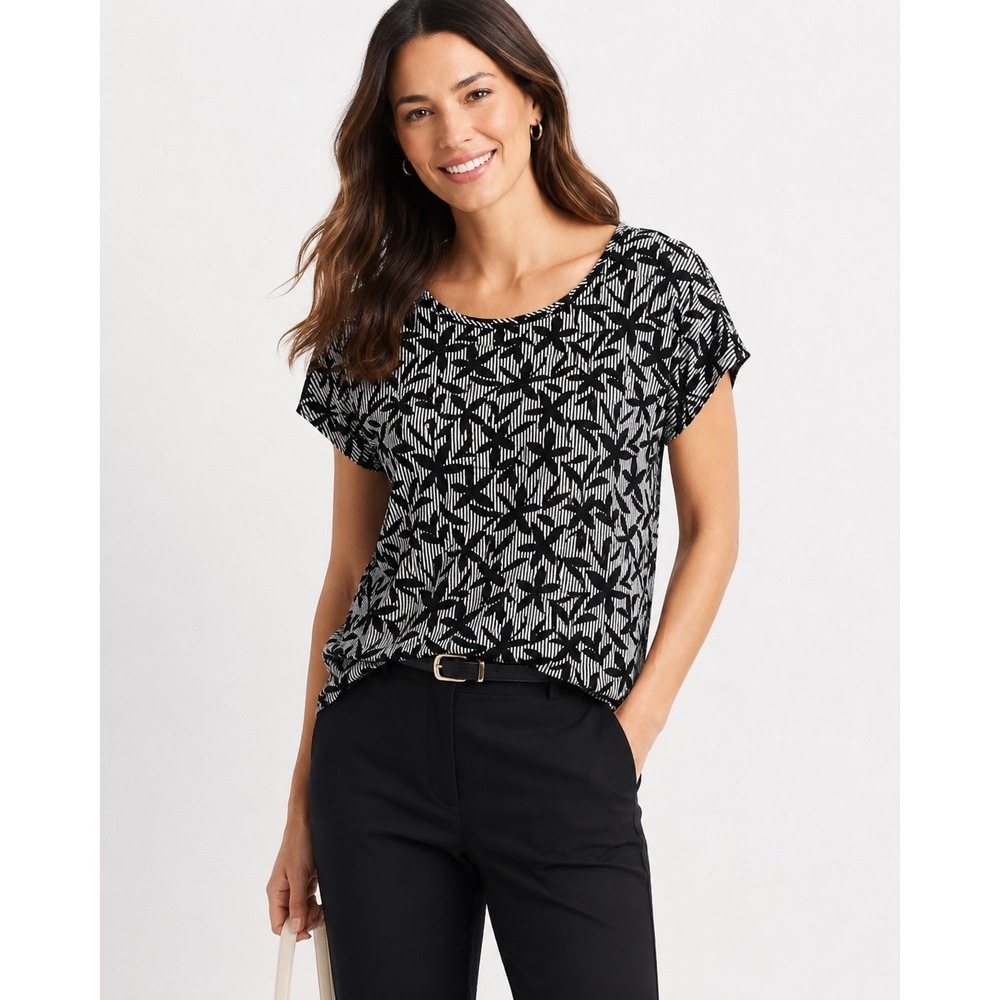 Lands End Womens Black White Floral Stripe Short Sleeve Blouse‎ Top L